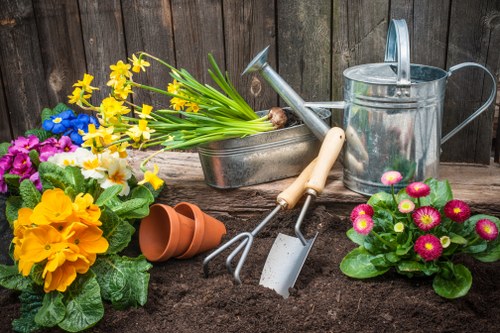 A garden scene featuring various gardening tools and flowering plants set against a wooden fence. In the foreground, a freshly turned patch of dark soil is visible, prepared for planting or recent planting activity. To the left, vibrant flowering plants with yellow, pink, purple, and white blooms are arranged in clusters, adding bright colours to the garden. Near the plants, a small terracotta plant pot lies tipped over on the soil, and a metal watering can with a long spout is positioned centrally, suggesting ongoing garden maintenance. A pair of gardening hand tools—a garden fork and trowel—are resting on the soil, with wooden handles and metal working parts. Alongside, a rectangular metal container holds fresh yellow daffodil bulbs, with some bulbs and roots partly exposed. The overall scene emphasizes a well-kept, productive outdoor space suitable for gardening activities typical of a residential garden in the Addiscombe area, created by Lawn Mowing Addiscombe’s professional gardening services, with natural lighting indicating an overcast day.